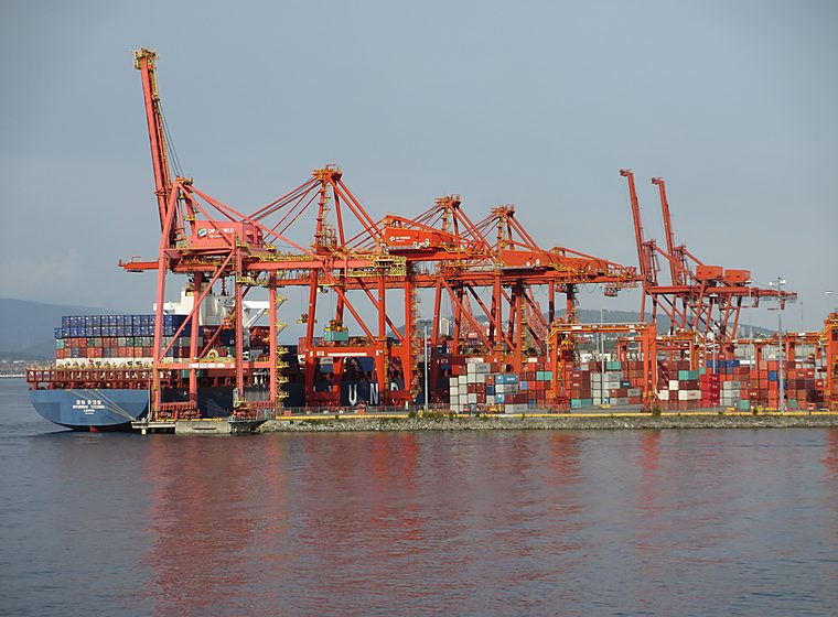 Container ship and gantry cranes at the Port of Vancouver