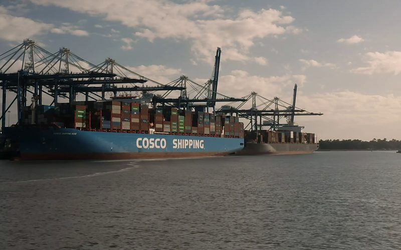 A container ship at berth beneath a row of ship-to-shore cranes